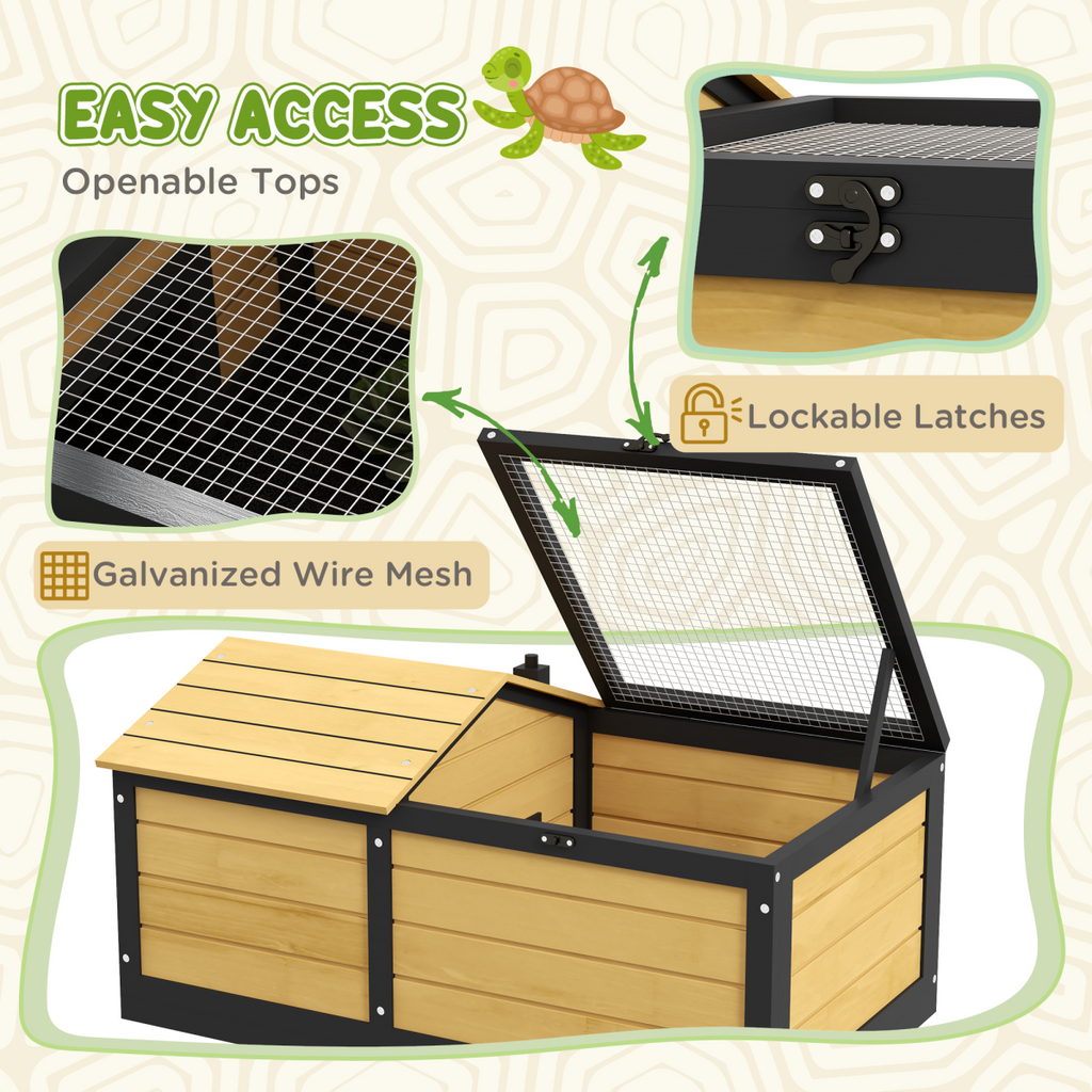 PawHut Wooden Tortoise House, Small Pet Reptile with Hide Shelter Den and Run