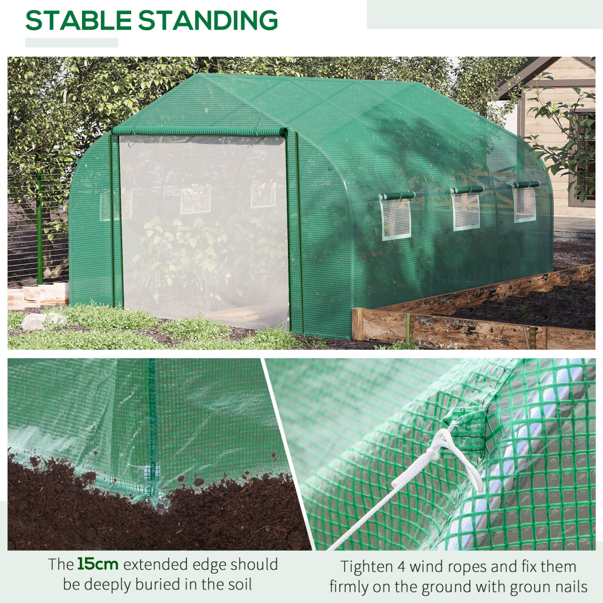 Walk-in Garden Greenhouse Zippered Roll Up Door & 6 Windows, 3.5 x 3 x 2m, Green