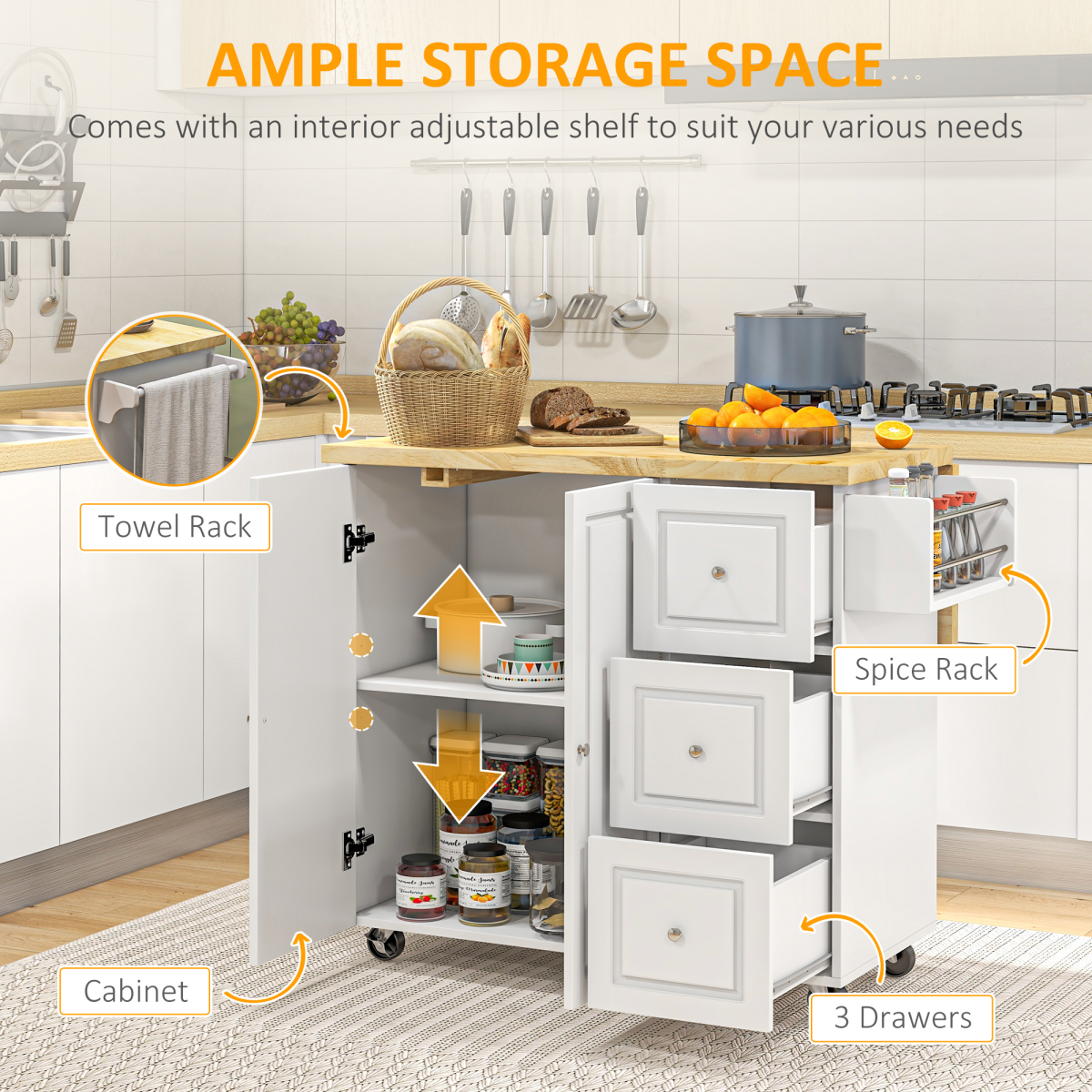 Drop-Leaf Kitchen Island on Wheels Utility Storage Cart with Drawers & Cabinet