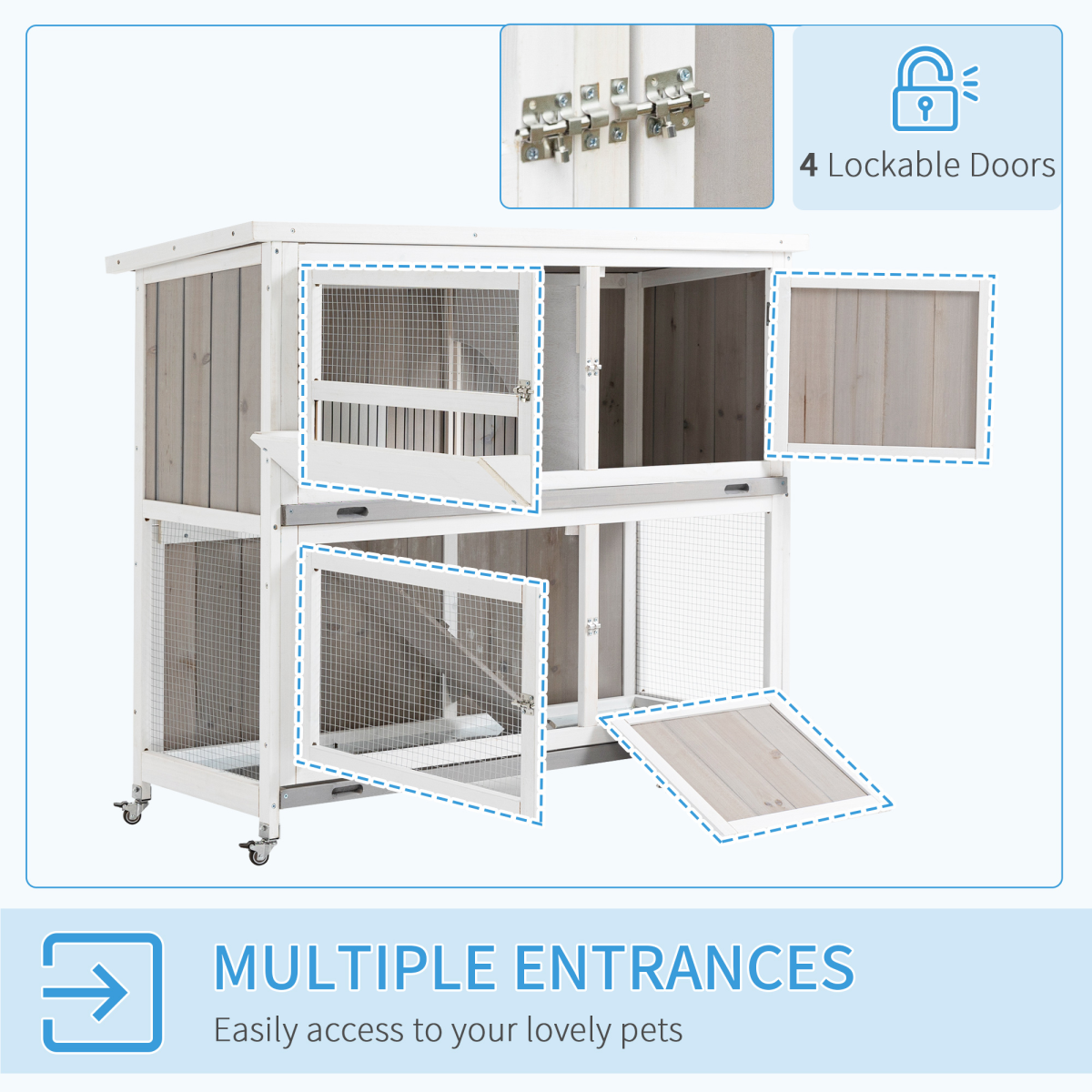 Two-Tier Wooden Rabbit Hutch w/ Wheels, Trough, Rain Cover, Tray - Grey Pawhut