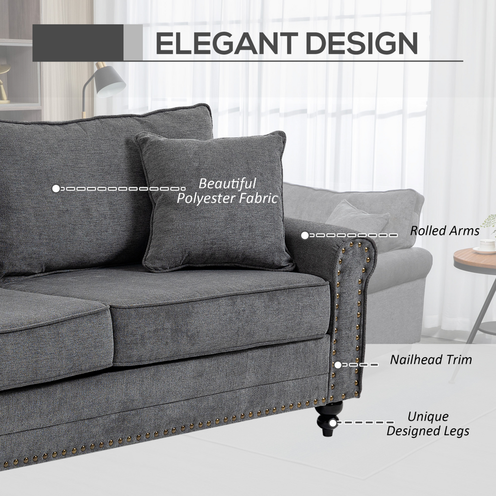 2 Seater Sofas Fabric Sofa with Nailhead Trim Cushions and Throw Pillows Grey