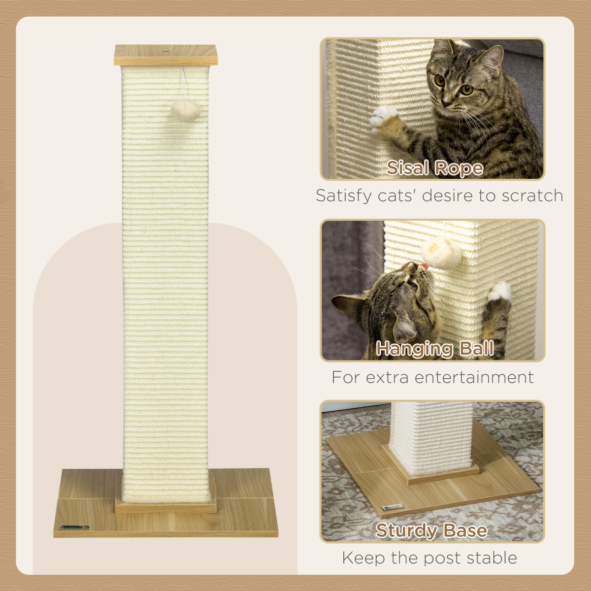 80cm Sisal Rope Scratching Post with Toy Ball - White