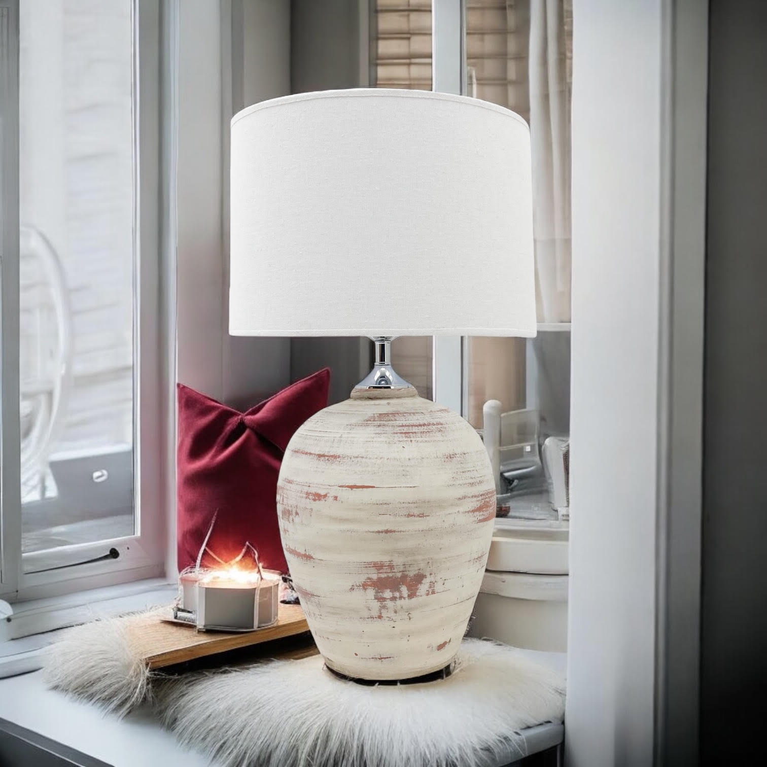 AcaciaHome Elegant Ceramic Table Lamp with Fabric Drum Shade (61cm Cream Lamp)