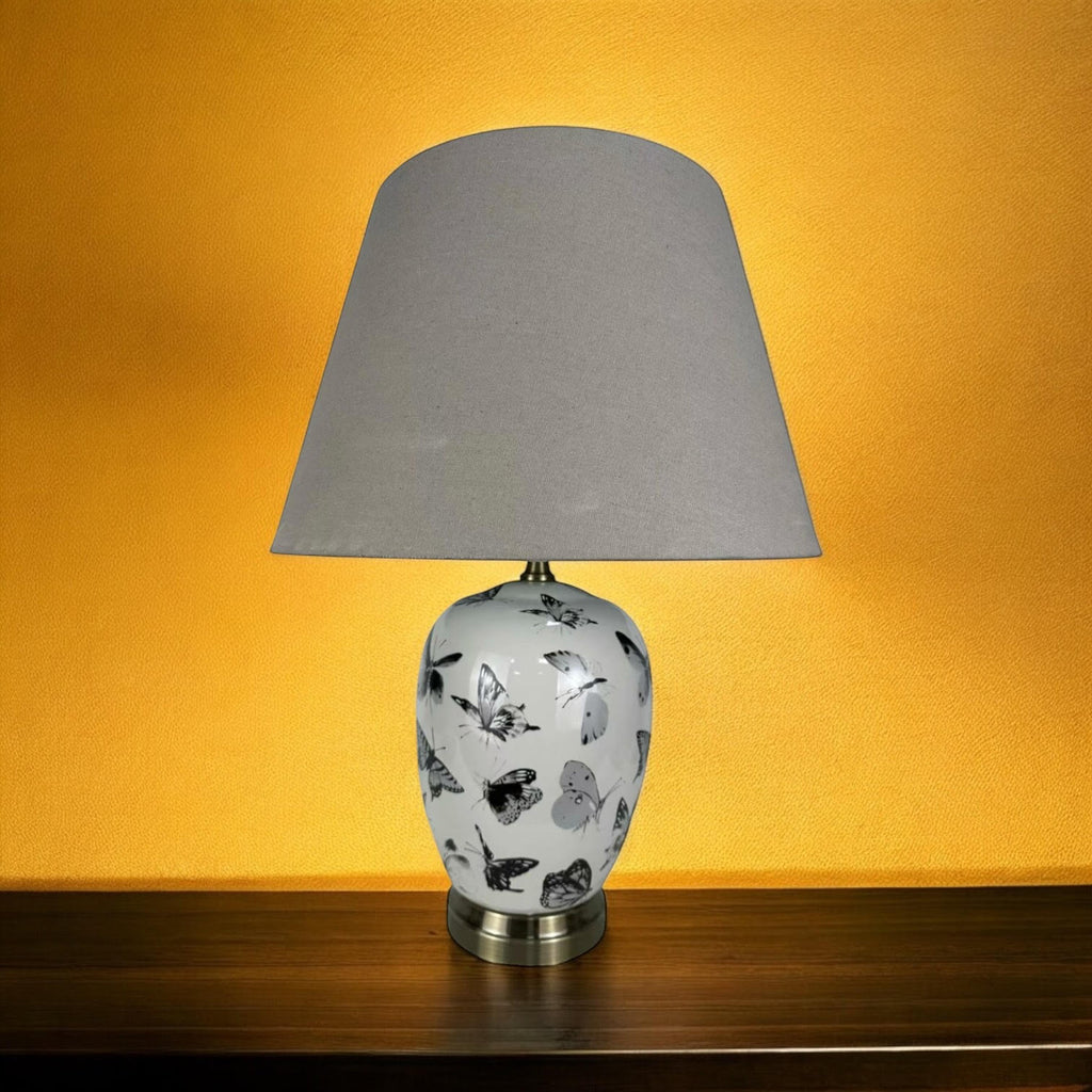 Oriental Design Large Floral Ceramic Table Lamp with Drum Shade (50cm Black White Butterfly)