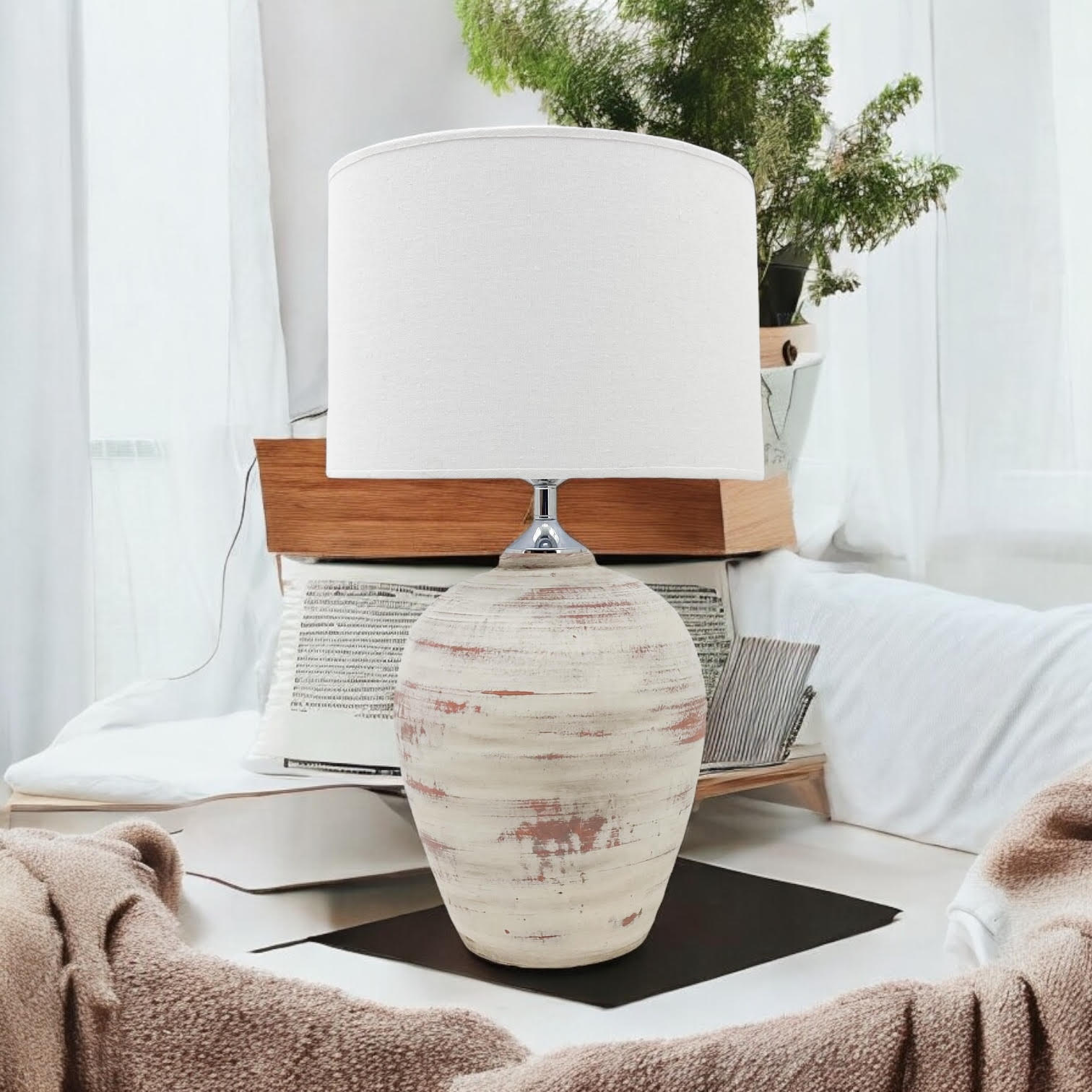 AcaciaHome Elegant Ceramic Table Lamp with Fabric Drum Shade (61cm Cream Lamp)