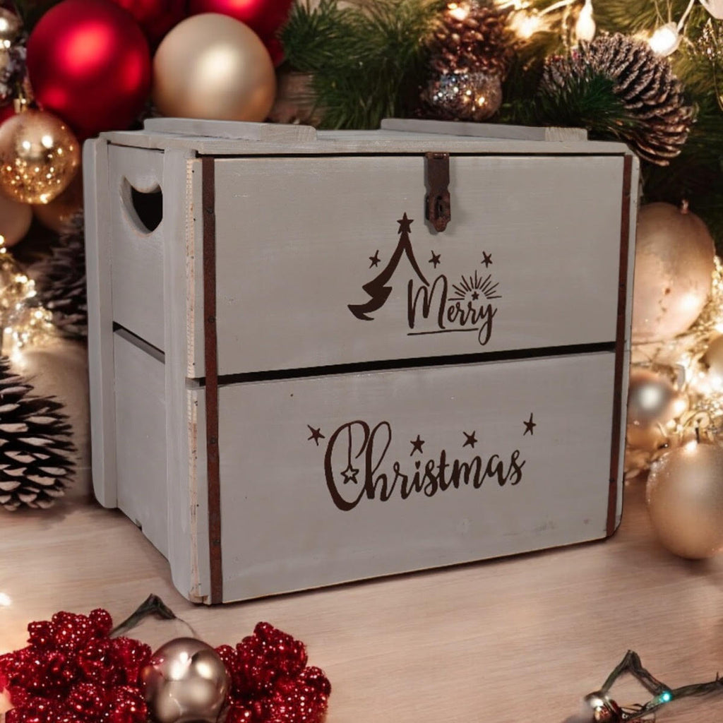 AcaciaHome Vintage and Charming Rustic Merry Xmas Storage Crate (Vintage Grey)