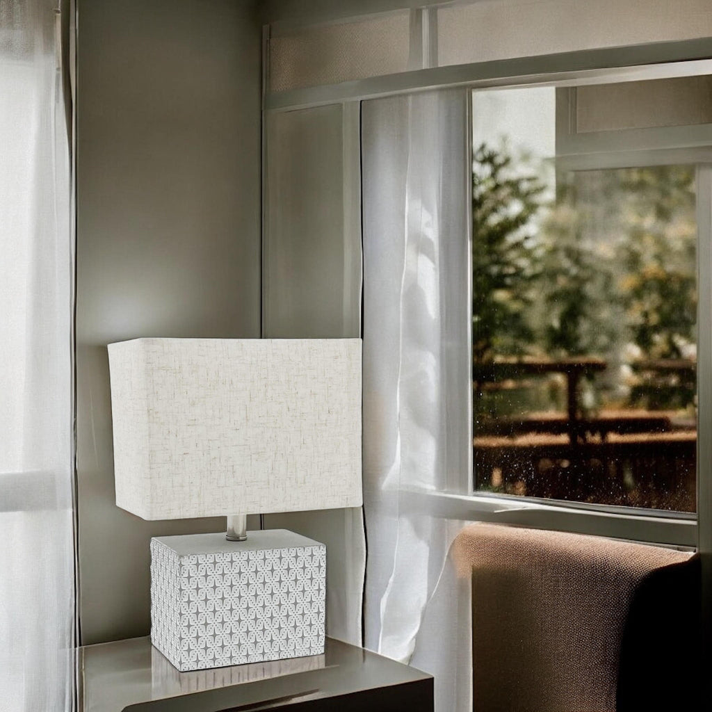 Art Deco Cream-Grey Cement Table Lamp with Diamond Pattern & Off-white Fabric