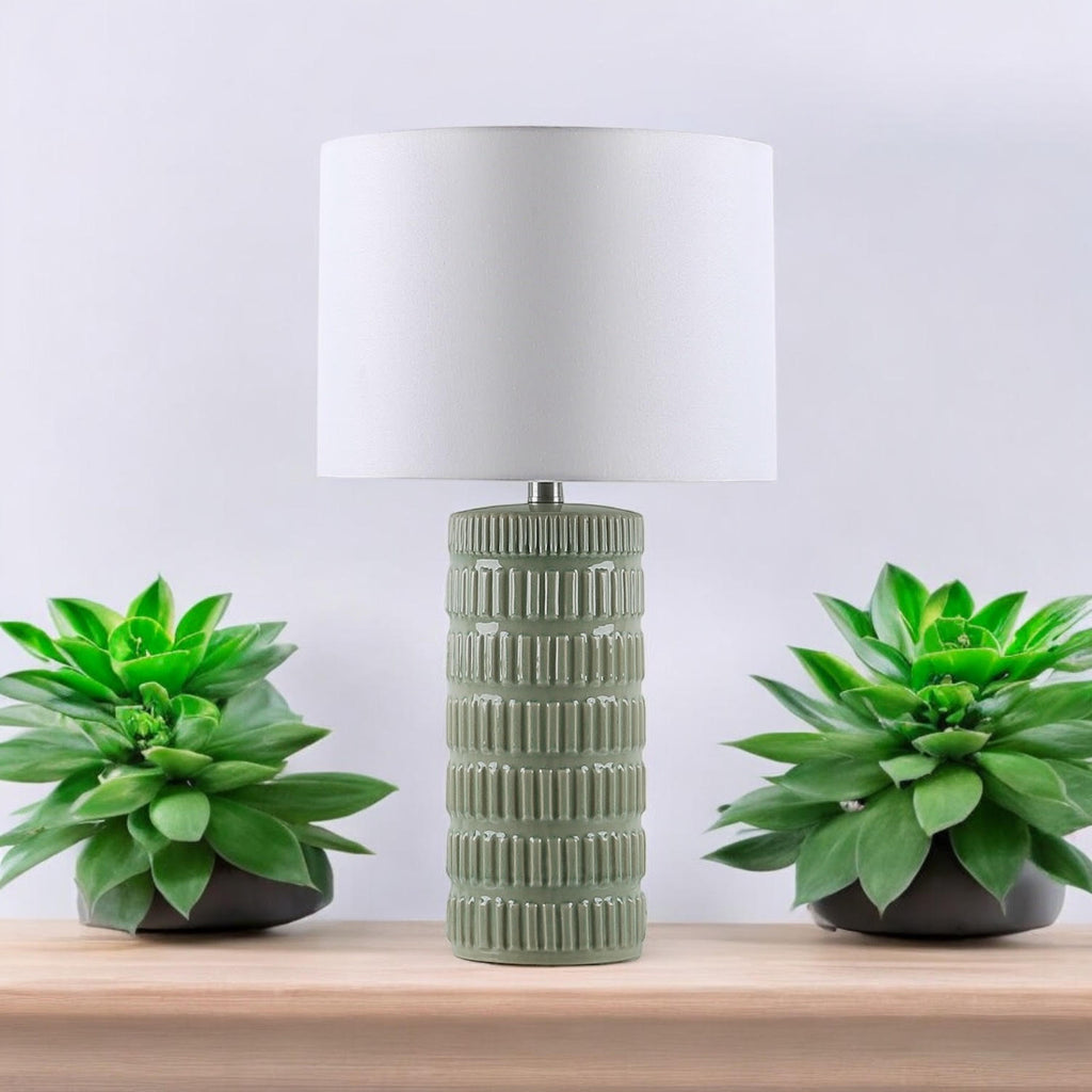 Cream Ceramic Table Lamp with Drum Shade (Floral Vase - 63cm Shade)