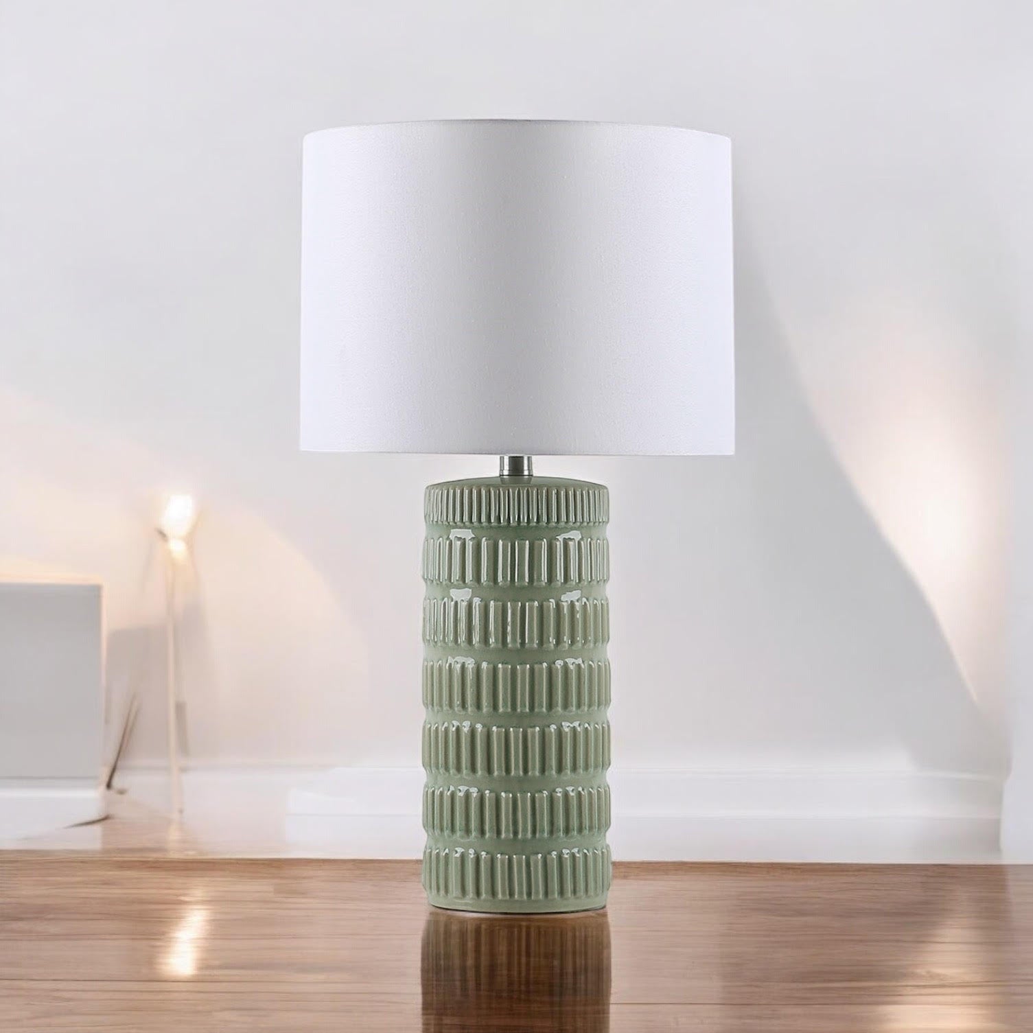 Cream Ceramic Table Lamp with Drum Shade (Floral Vase - 63cm Shade)