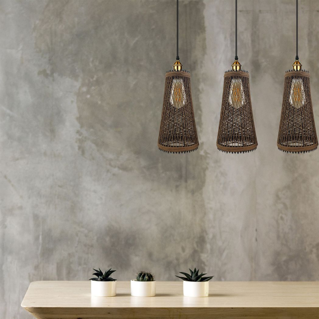 3 Head Natural Wicker Basket Style Retro Industrial Vintage Rattan Ceiling Pendant