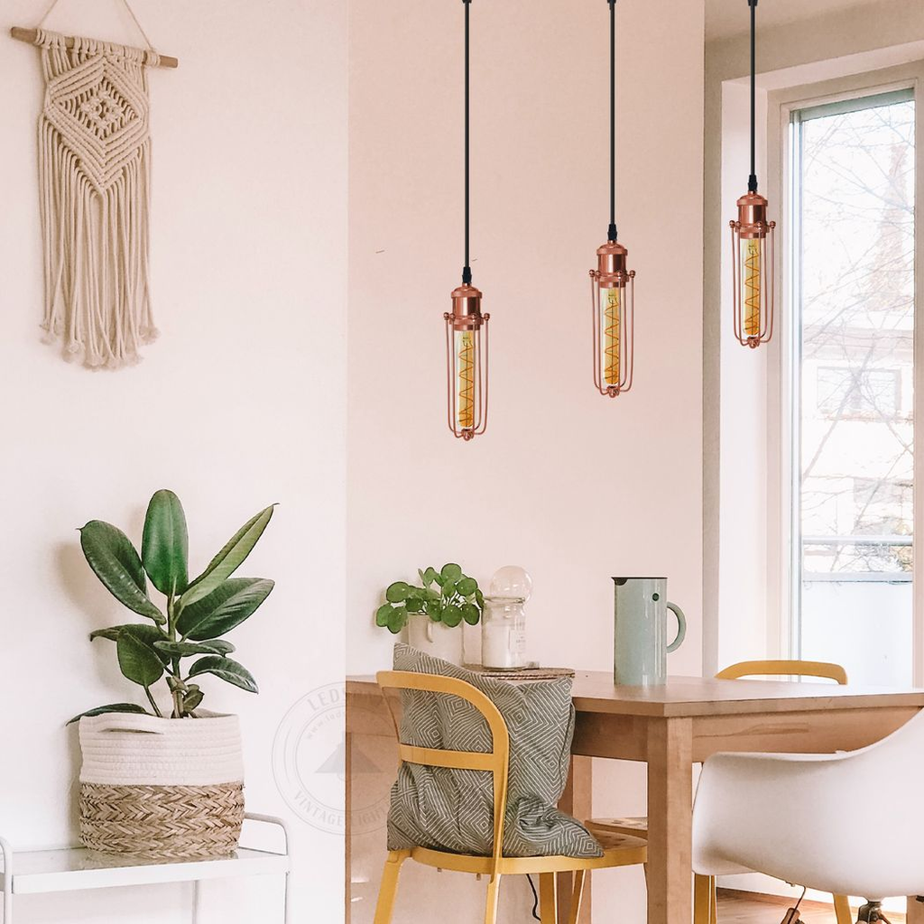 3 Head Rectangle Rose Gold Ceiling E27 Pendant Light with Wire Cage