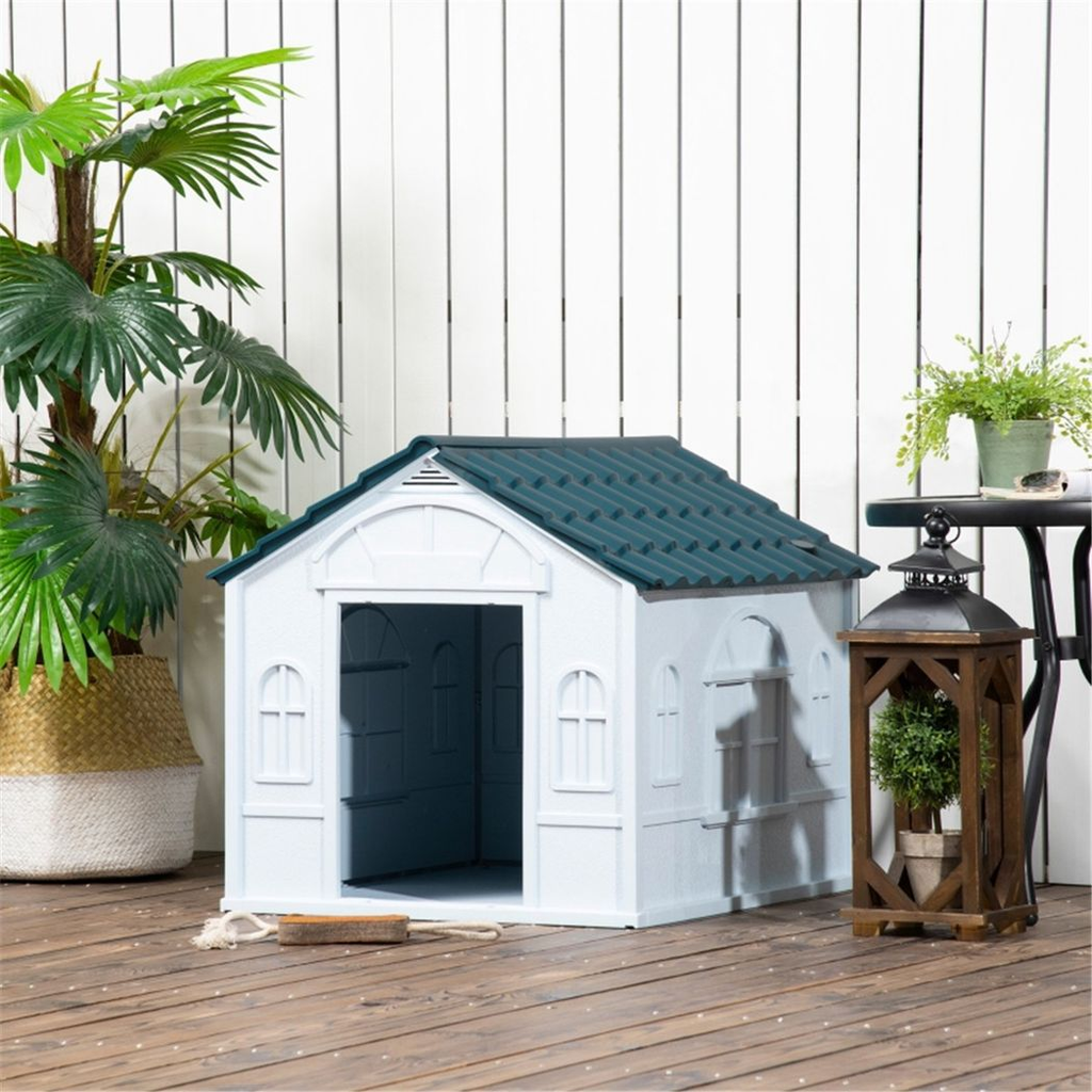 Water-Resistant Plastic Dog Kennel – Blue & White