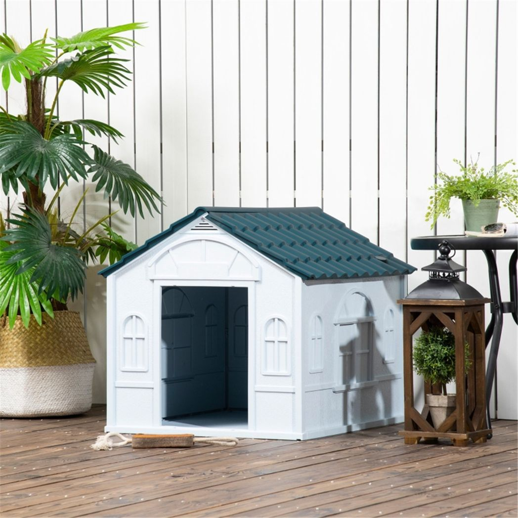 Water-Resistant Plastic Dog Kennel – Blue & White