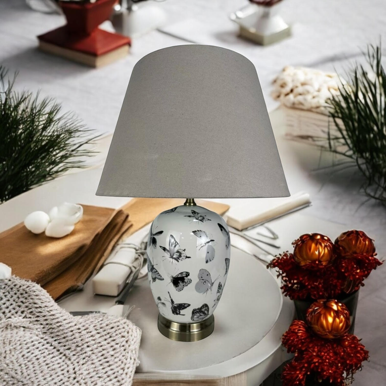 Oriental Design Large Floral Ceramic Table Lamp with Drum Shade (50cm Black White Butterfly)