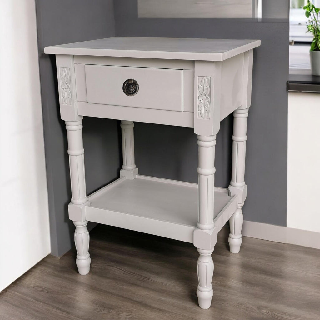 Bedside Wooden Side Table with 1 Drawer and Shelf (Floral, Grey)