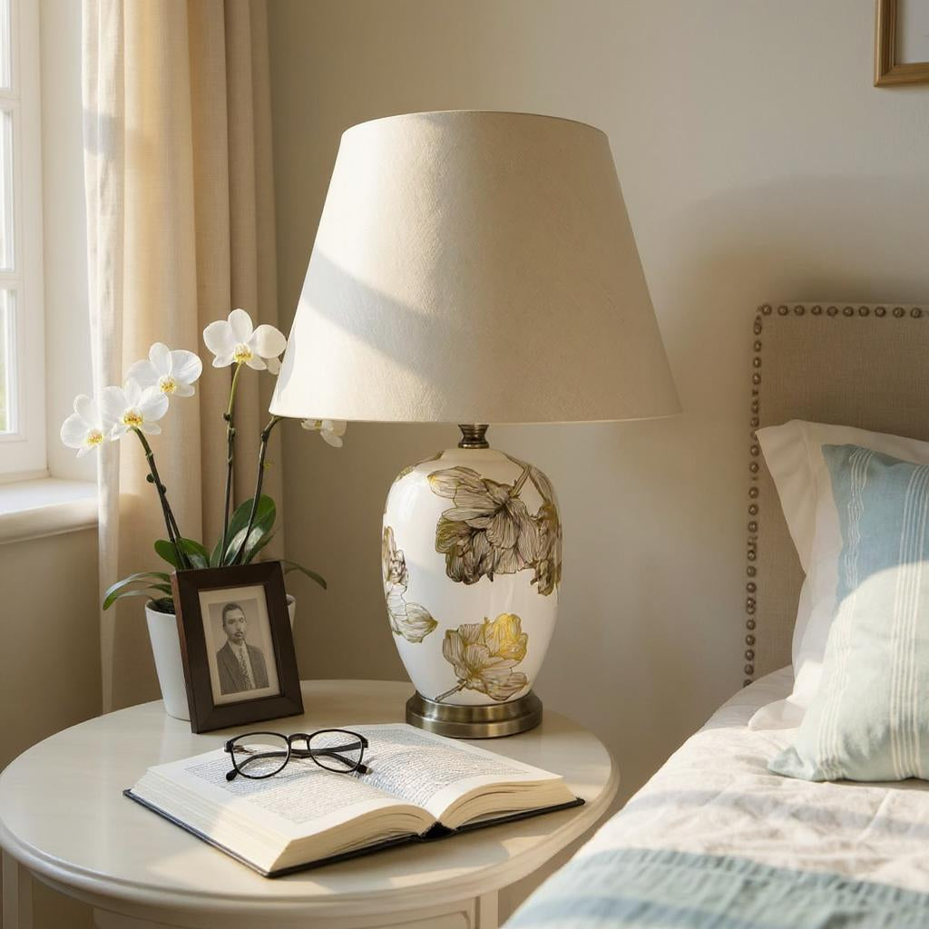 Cream Ceramic Table Lamp with Drum Shade