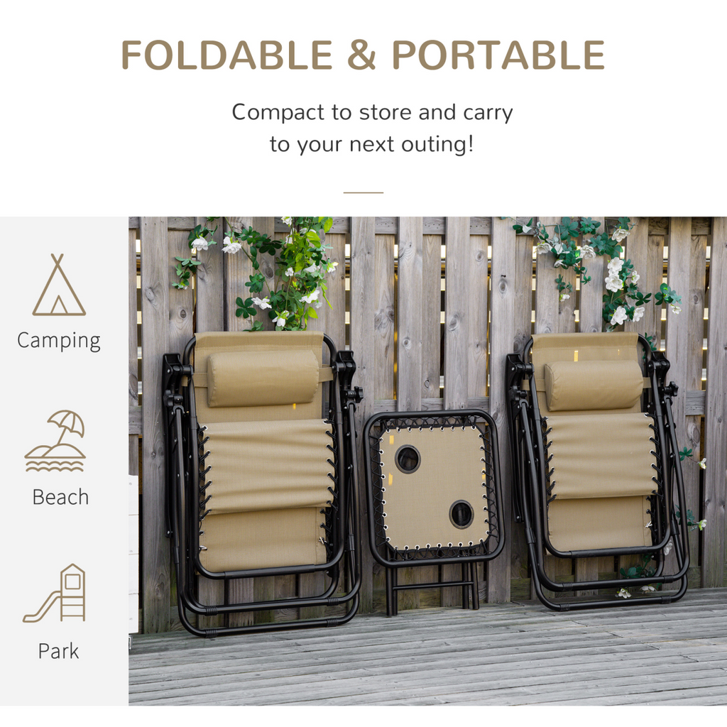 3PC Zero Gravity Chairs Sun Lounger Table Set w/ Cup Holders, Beige Outsunny