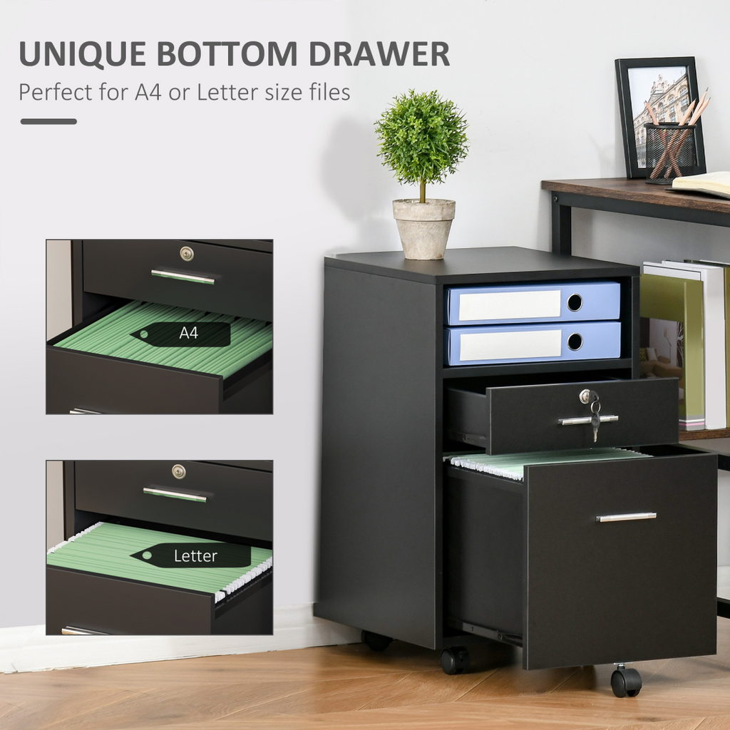 Mobile File Cabinet Lockable Documents Storage w/ 5 Wheels Black Vinsetto