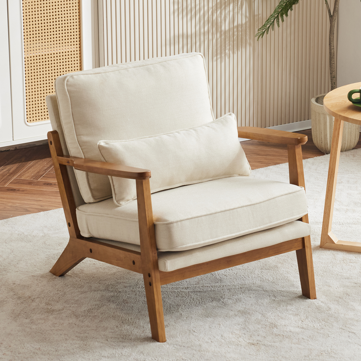 Oak Armrest Oak Upholstered Single Lounge Chair Indoor Lounge Chair Off-White