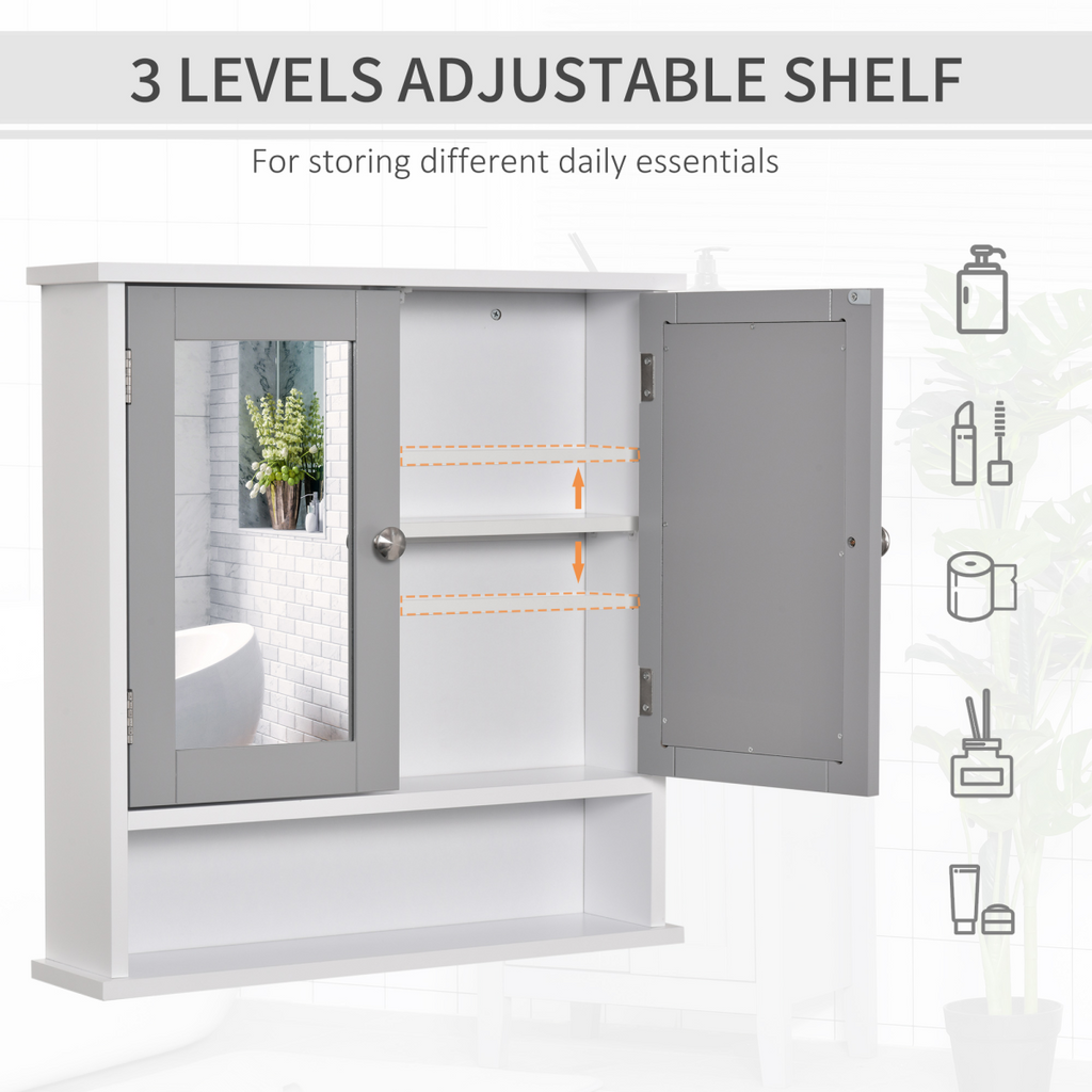 Mirror Cabinet Wall Mounted with Double Mirrored Doors, Hanging Cabinet, Grey