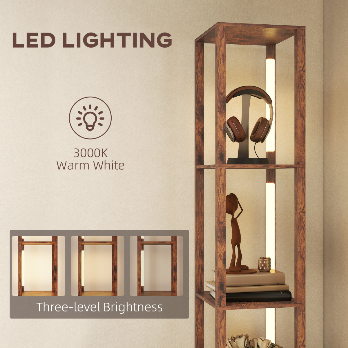 Rustic Brown LED Floor Lamp with Shelves & Drawer