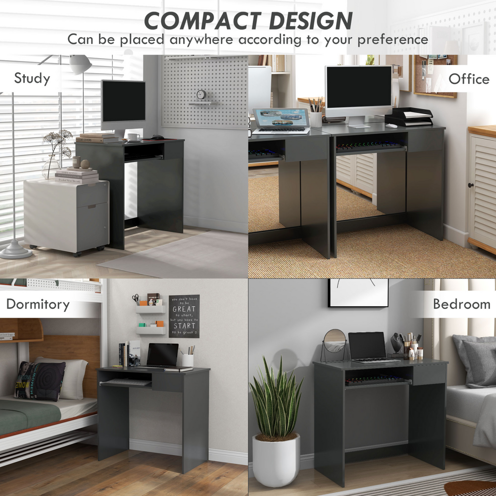 HOMCOM Compact Computer Table with Keyboard Tray Drawer Study Office Work, Grey