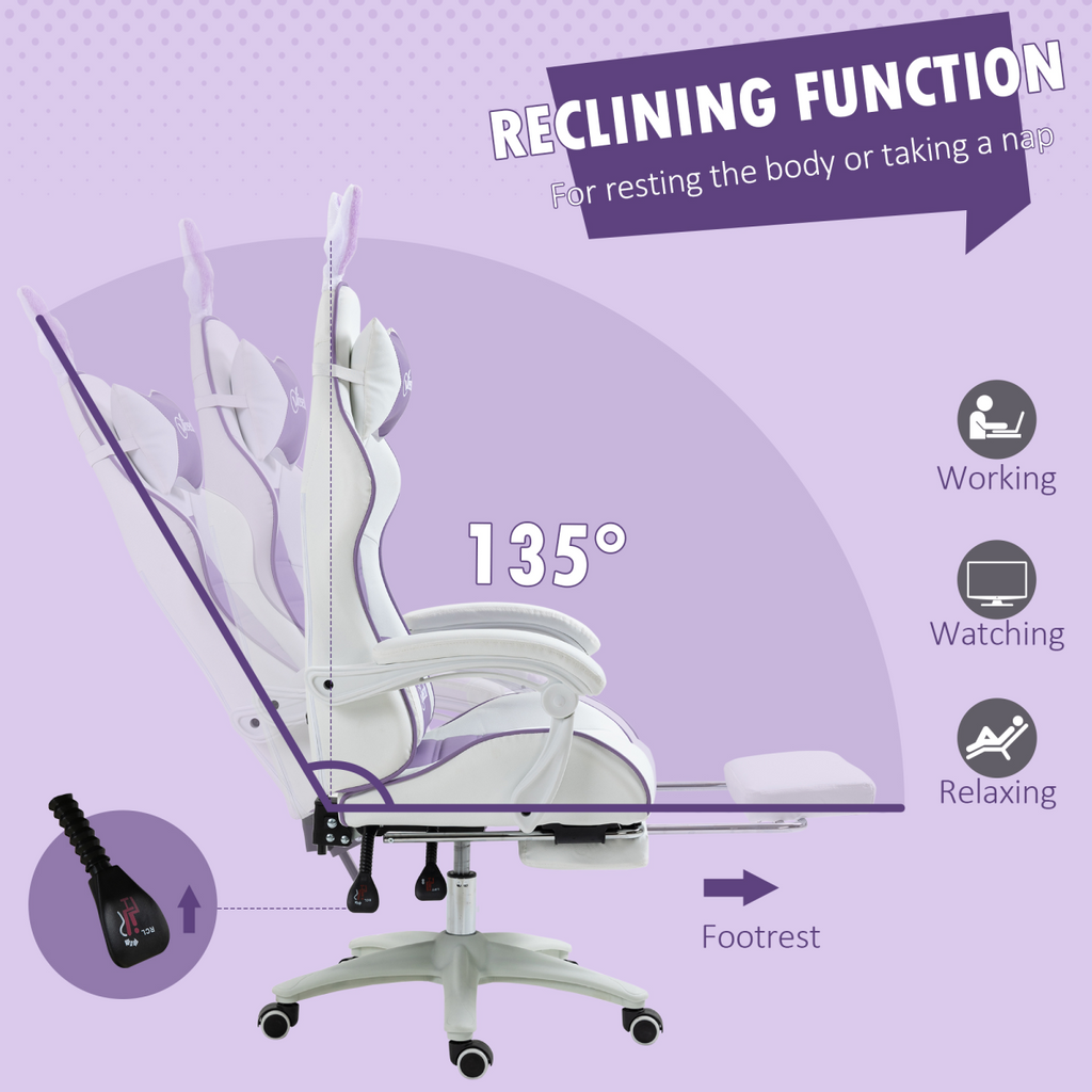 Vinsetto Racing Style Gaming Chair with Footrest Removable Rabbit Ears, Purple