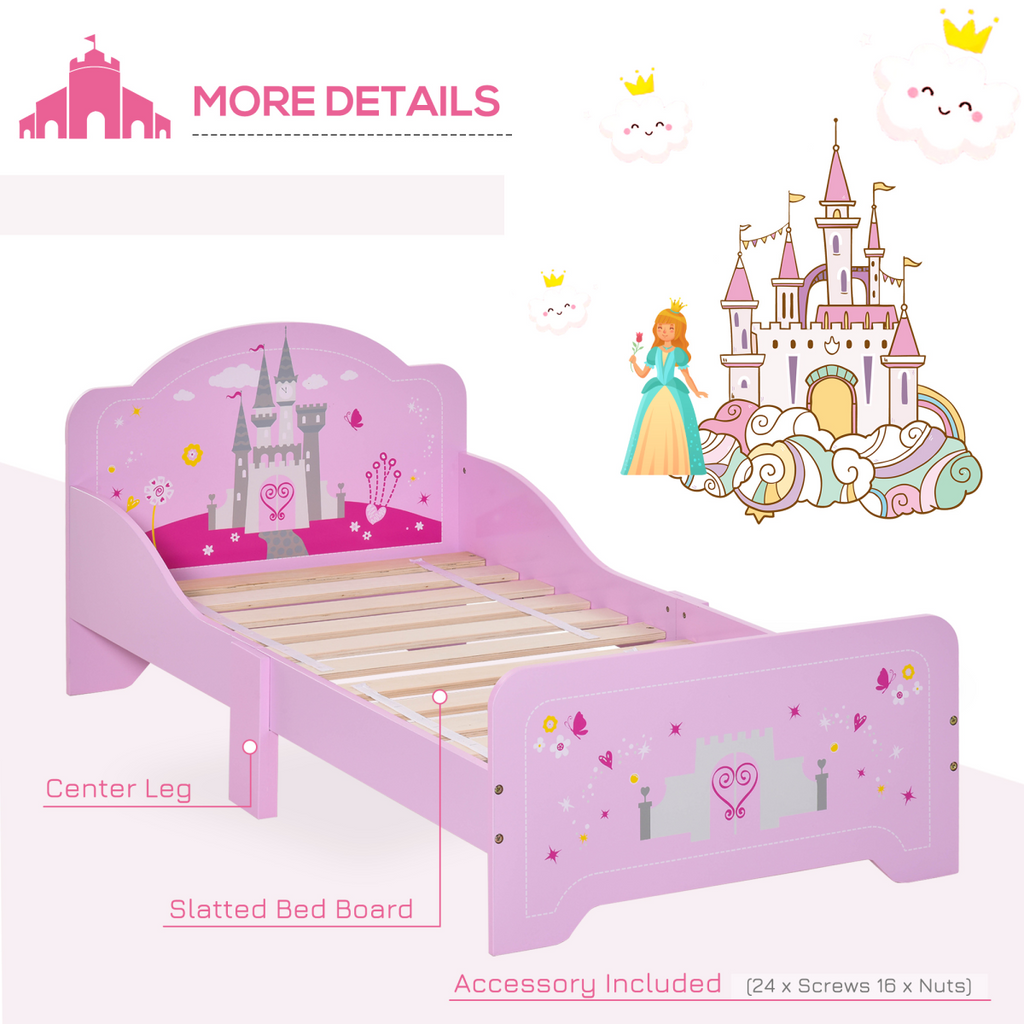 Kids Bed Princess Castle Theme with Side Rails Slats Home 3-6 Yrs Pink