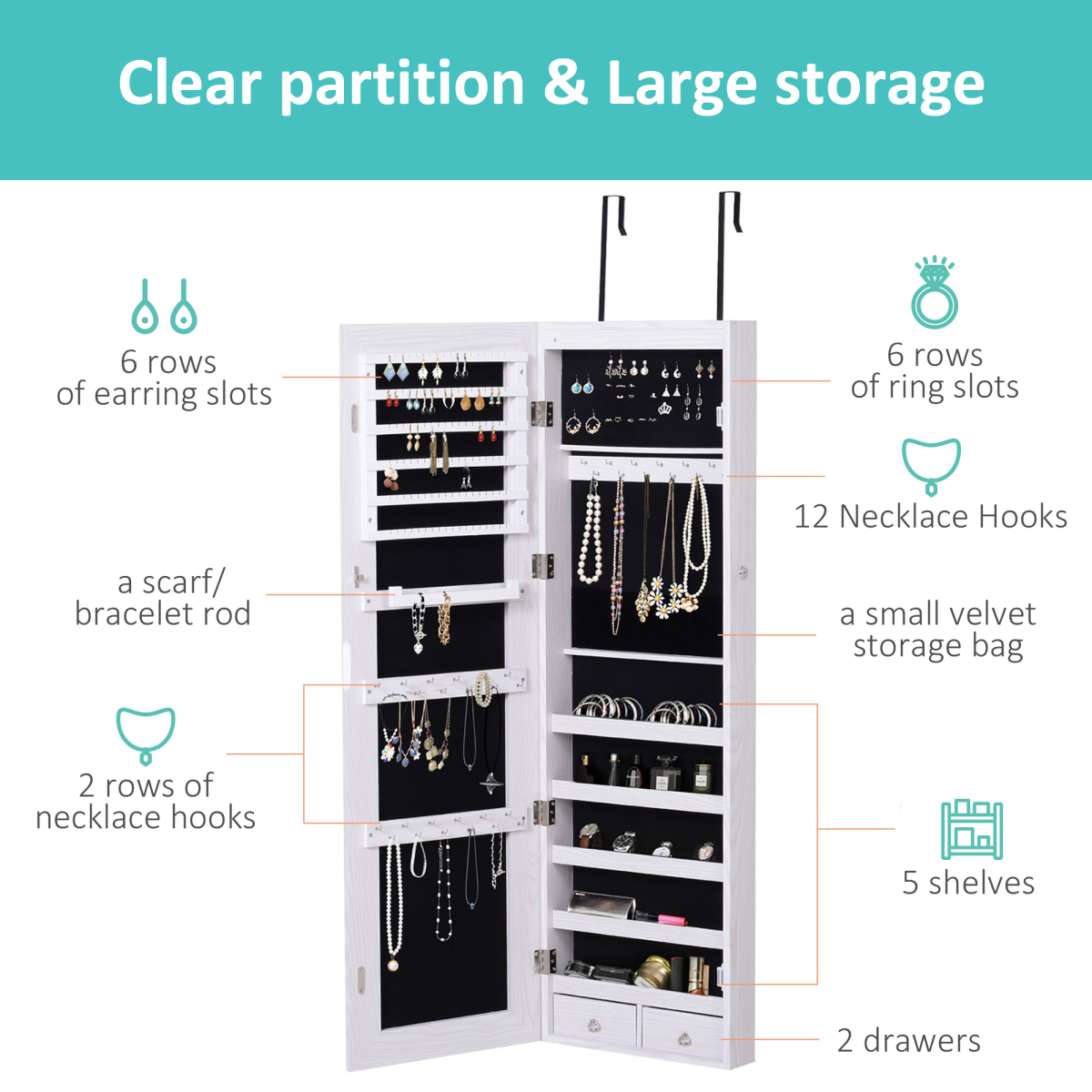 Hanging Mirrored Jewel Storage Cabinet Organiser Lockable w/6 LED White
