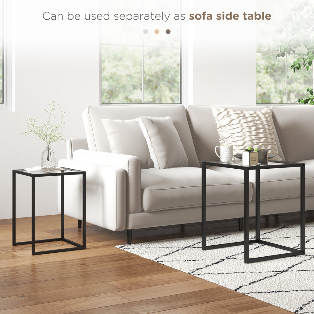 HOMCOM Nesting Tables Set of 2, End Table with Tempered Glass Top, Black