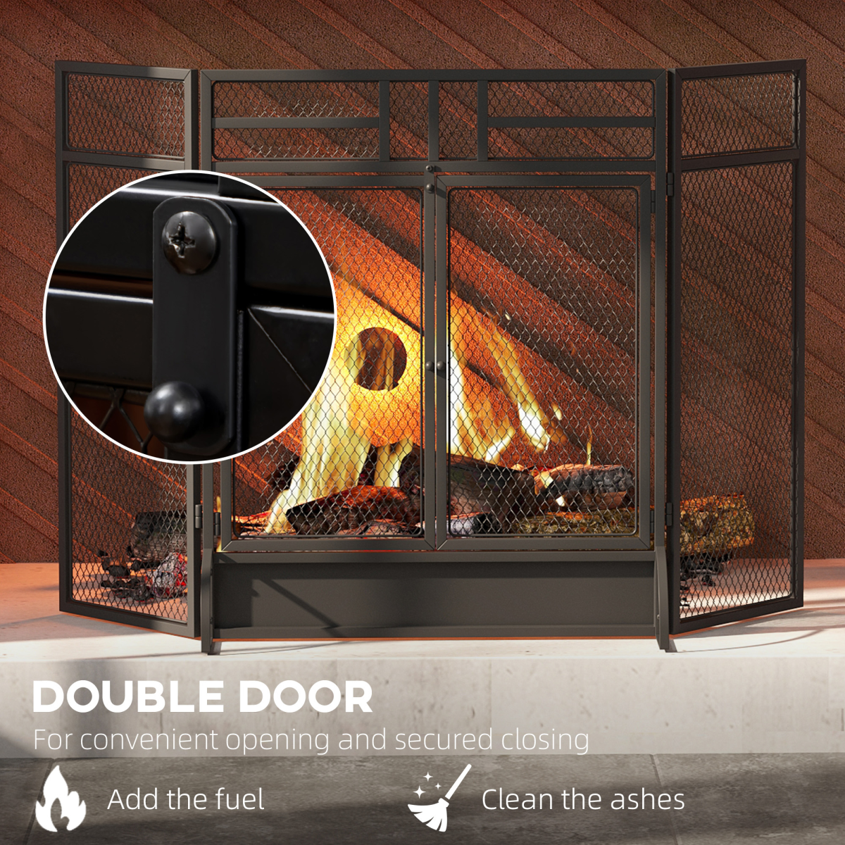 3-Panel Folding Fireplace Screen Spark Guard Metal Mesh Fireguard Black