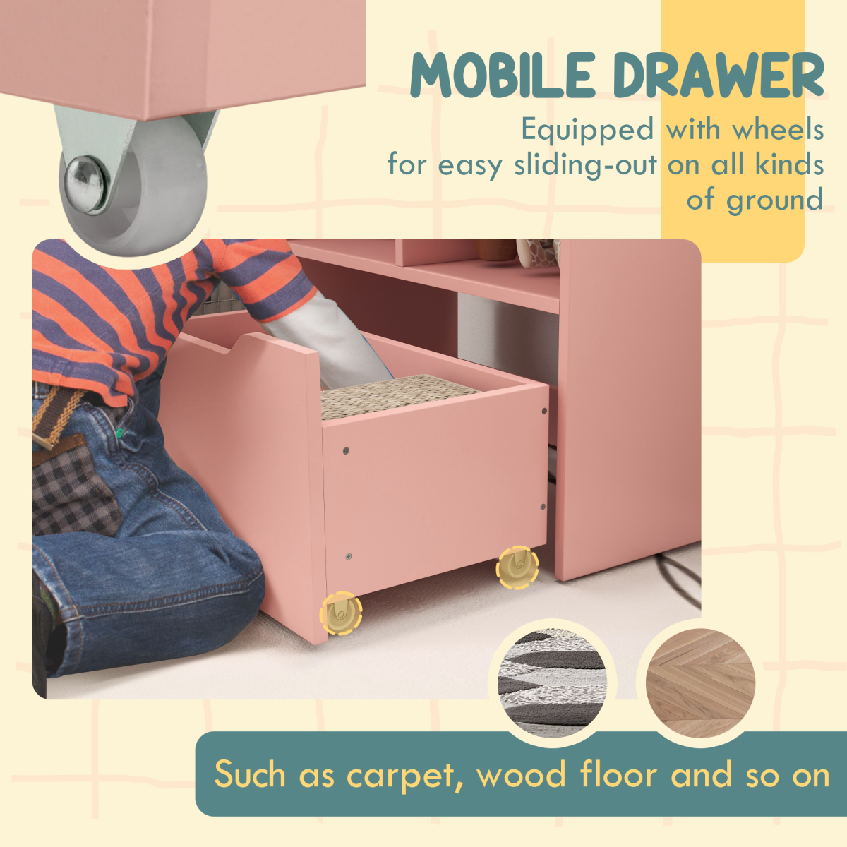 HOMCOM Kids Bookcase, Toy Box w/ Storage Drawer, Wheels for Bedroom - Pink