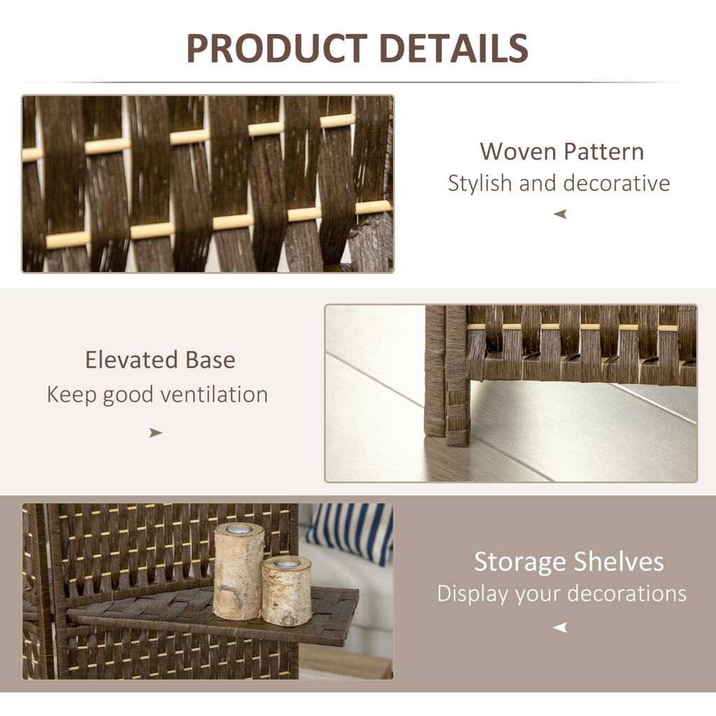 4-Panel Folding Wall Divider Room with Shelves, Privacy Screen Panels, Brown