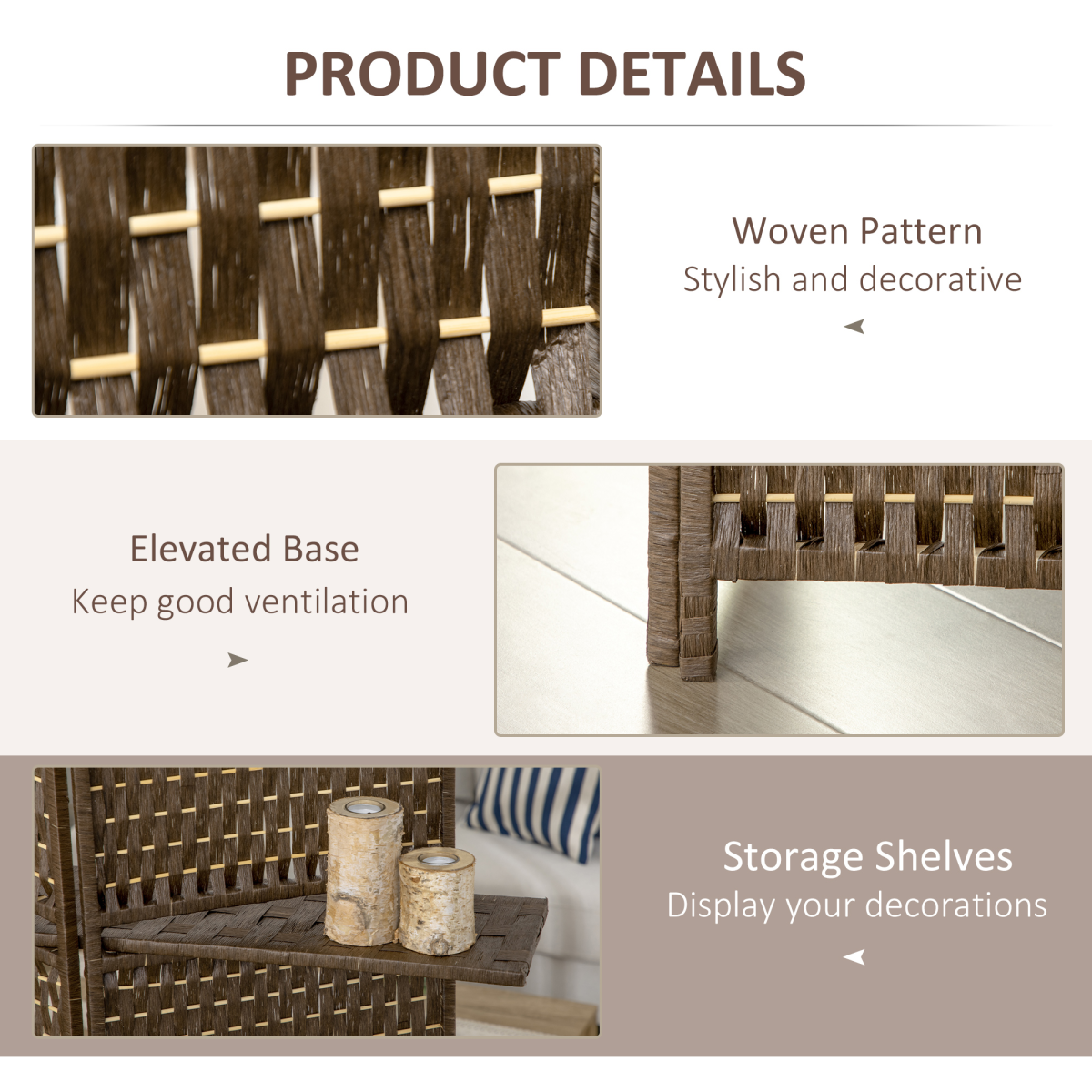 4-Panel Folding Wall Divider Room with Shelves, Privacy Screen Panels, Brown