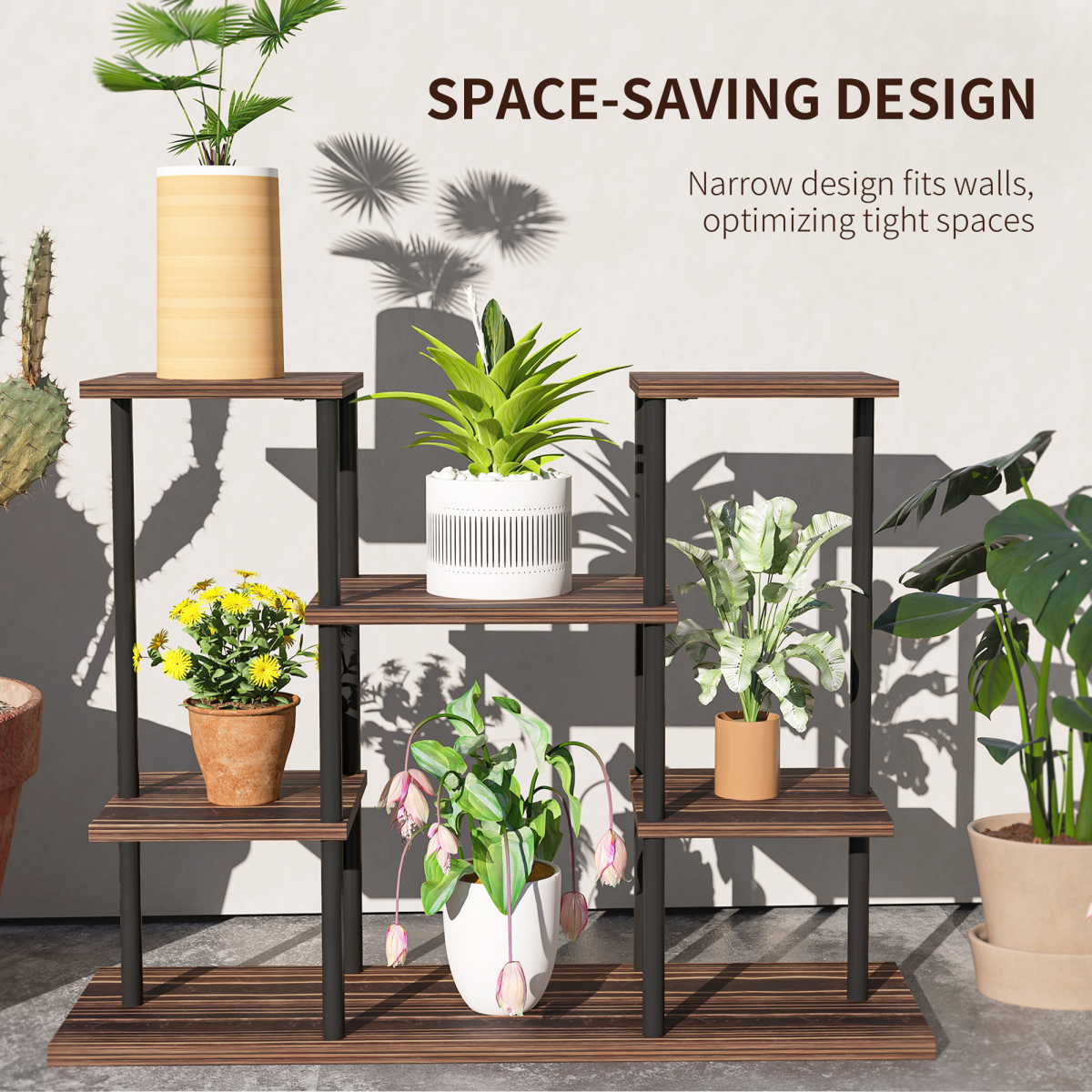 Outsunny 4 Tiered Metal Flower Shelf Display Rack, Carbonised Finish