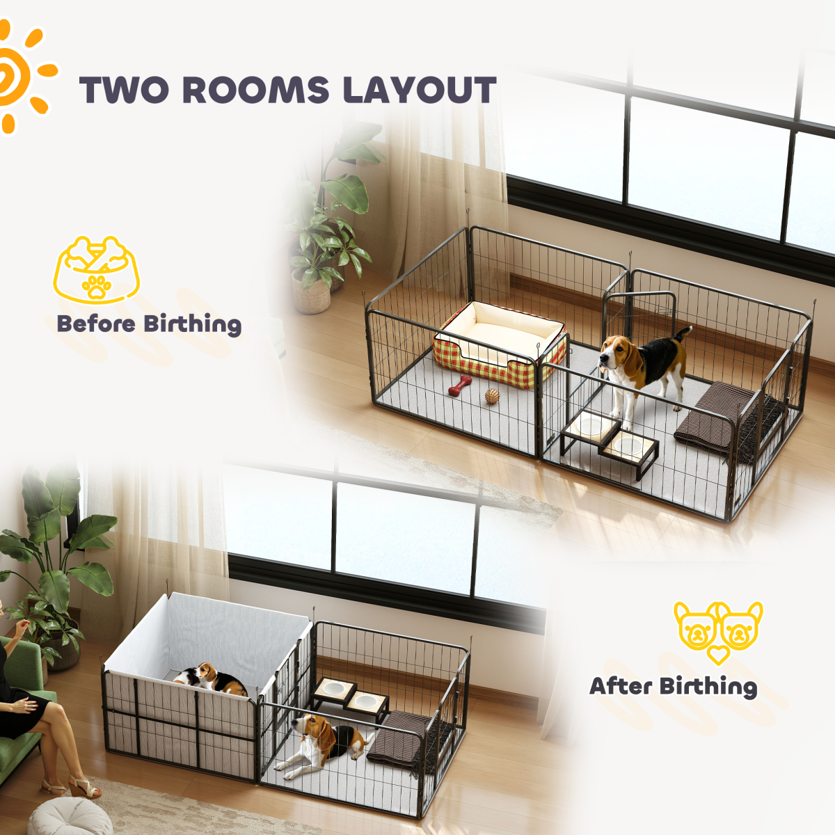 PawHut 7 Panel Whelping Box for Dogs and Puppies, Dog Playpen with Pee Pads