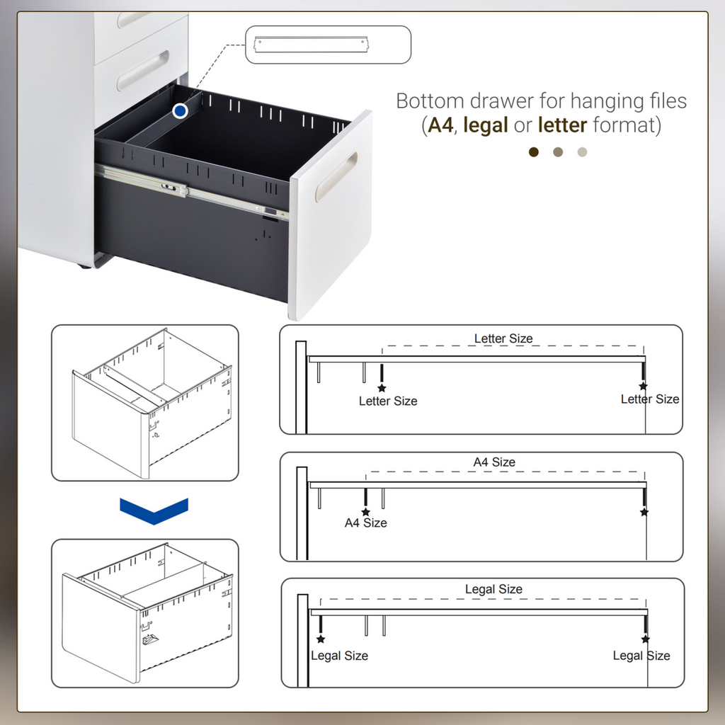 3 Draw Modern Steel Filing Cabinet w/ 4 Wheels Lock Pencil Box White Vinsetto