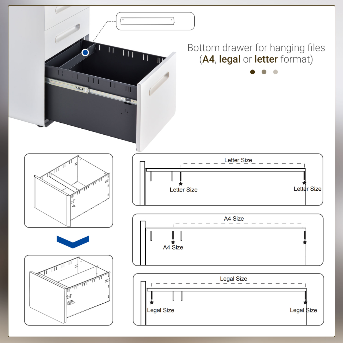 3 Draw Modern Steel Filing Cabinet w/ 4 Wheels Lock Pencil Box White Vinsetto