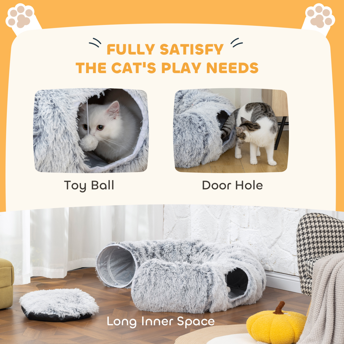 PawHut Donut Play Tunnel Bed with Washable Cushion and Toy Ball, Light Grey
