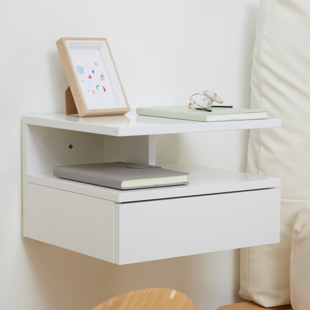 HOMCOM Nightstand Set of 2, Wall Mounted Bedside Cabinet, High Gloss White