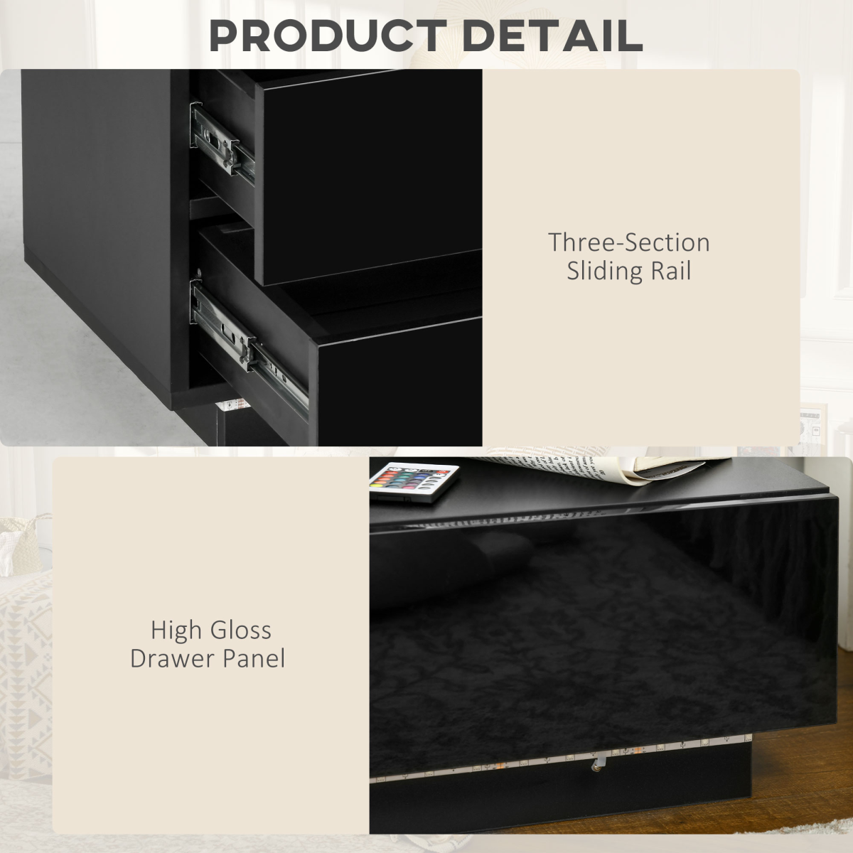 HOMCOM High Gloss Front Bedside Table Nightstand with LED Light Remote Black