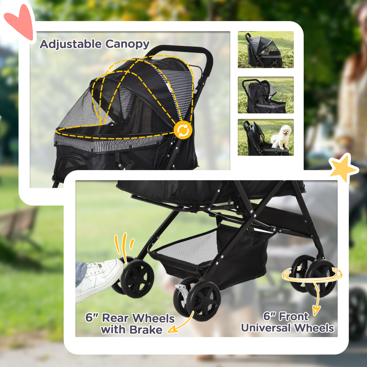 Pet Stroller Dog Foldable Travel Carriage with Reversible Handle, Black