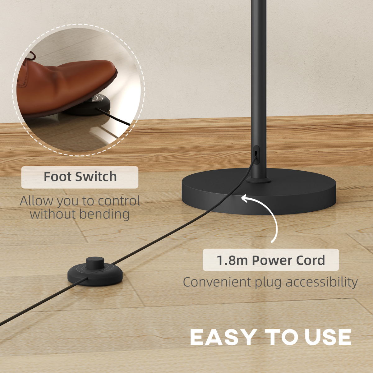 HOMCOM 3-Light Floor Lamp, 165 cm Tall Standing Lamp with Foot Switch