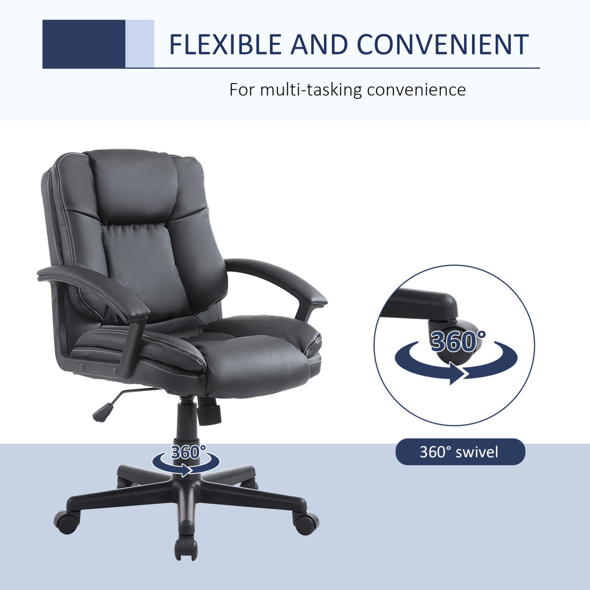 Swivel Executive Office Chair Mid Back PU Leather Chair with Arm, Black HOMCOM