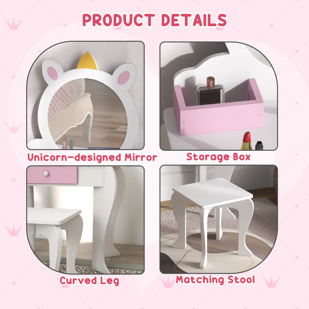 ZONEKIZ Kids Dressing Table with Mirror and Stool, Drawer, Storage Boxes - White