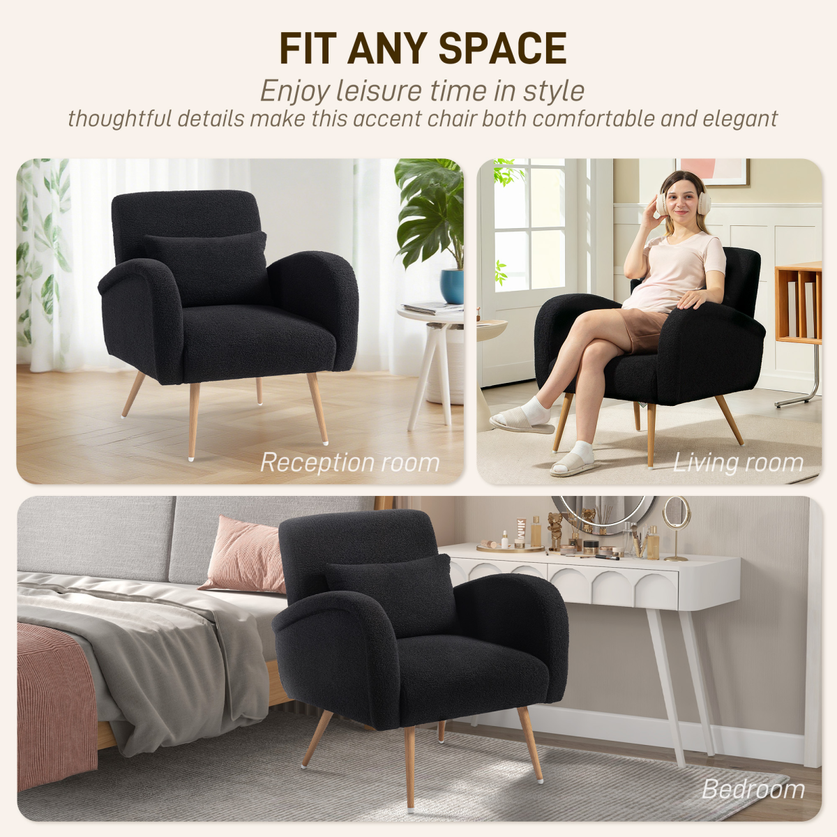 HOMCOM Teddy Fleece Upholstered Accent Chair with Metal Legs, Black