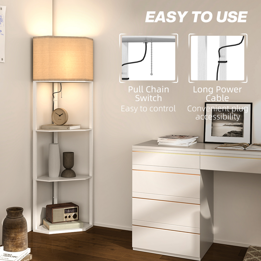 HOMCOM Corner Modern Floor Lamp with Shelves for Living Room, Bedroom, White