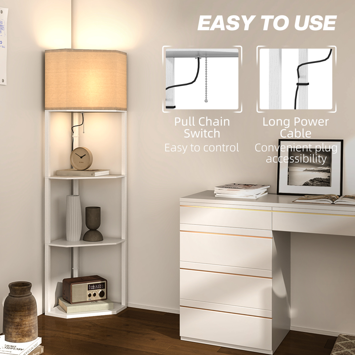 HOMCOM Corner Modern Floor Lamp with Shelves for Living Room, Bedroom, White