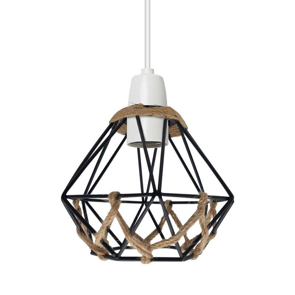 Vintage Black Farmhouse Diamond Hemp Rope Ball Lampshade with Reducer Ring~4586