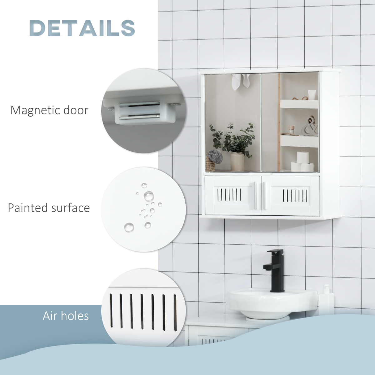 Bathroom Mirror Cabinet, Wall Mounted Storage Cupboard Double Doors White